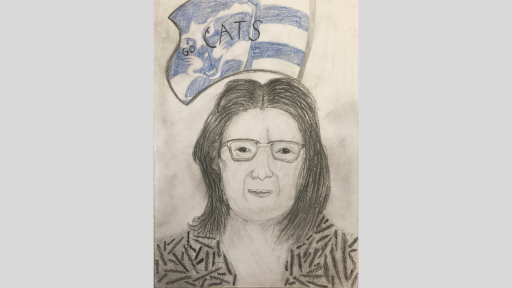 Drawing of Janice Miller. She has short hair and is wearing glasses. Behind her is Geelong Cats flag.