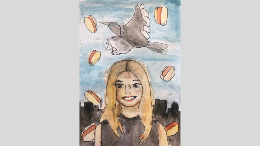 Painting of Miss Ginevra. She is smiling and wearing a black top. A bird flies overhead, and hotdogs are falling from the sky. The city is on the horizon.