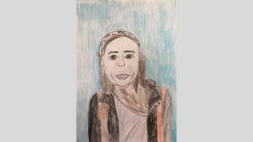 Frawing of Ms Kapoor. She is wearing a headband and a warm coat.