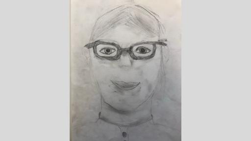 Self portrait by Poppy, done with grey lead pencil on paper.