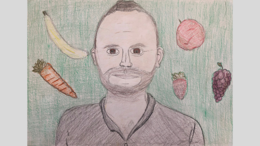 Drawing of Rocky. He is wearing a collared shirt and has a beard. In the background is fruits and vegetables.