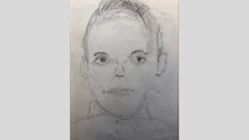 Self portrait by Rocco, done with grey lead pencil on paper.