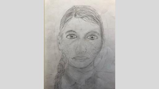 Self portrait by Zara, done with grey lead pencil on paper.