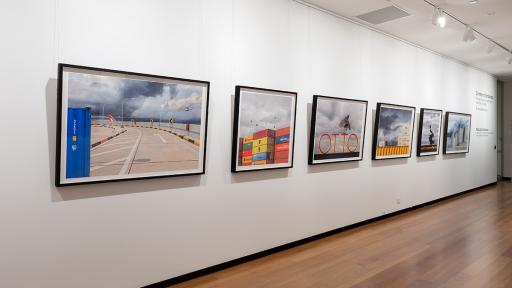Row of photographs by Jackie Winkelman of urban worlds that appear realistic yet surreal at the same time.