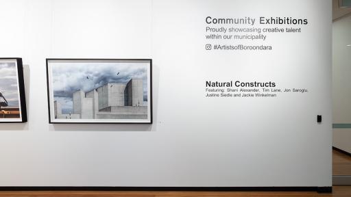 Installation of 'Natural Constructs'. View of the exhibition title on the wall.