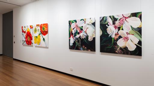 Installation view of 'Natural Constructs' at Town Hall Gallery. Close up paintings flowers by Shani Alexander.