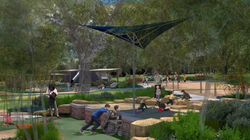 Artist's impression of the sensory and nature play area - accessible sandpit edge