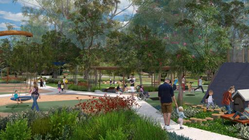Artist's impression of the view looking south over the playground - sensory garden, giant basket swing, trampolines and central BBQ area