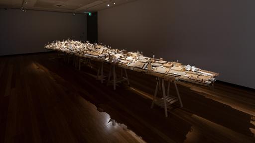 5.	Alfredo & Isabel Aquilizan, ‘Wing’, 2019, cardboard and mixed media, 50 x 817 x 182cm, installation view, Town Hall Gallery, 2021. Photography by Christian Capurro