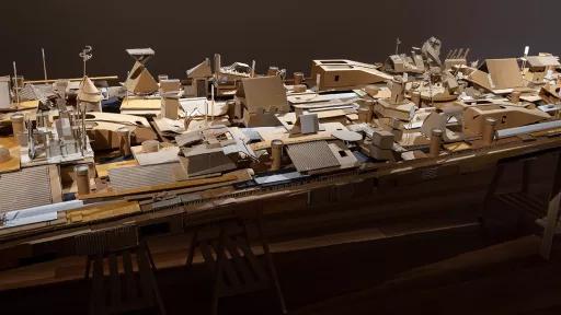 Alfredo & Isabel Aquilizan, detail of ‘Wing’, 2019, cardboard and mixed media, 50 x 817 x 182cm, installation view, Town Hall Gallery, 2021. Photography by Christian Capurro