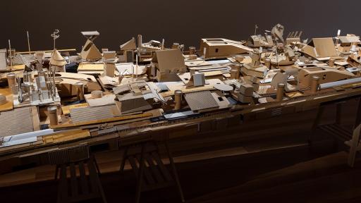 Alfredo & Isabel Aquilizan, detail of ‘Wing’, 2019, cardboard and mixed media, 50 x 817 x 182cm, installation view, Town Hall Gallery, 2021. Photography by Christian Capurro