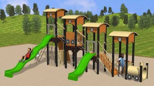 A design concept of a combination play unit which will include a train engine, tunnel, a fire pole, a rope bridge and a shop front