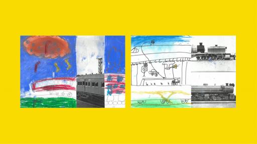 3 sections of photos of trains, with the other halves drawn by children.