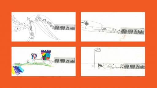 4 drawings by children of trains.
