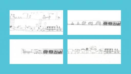 4 drawings by children of trains.