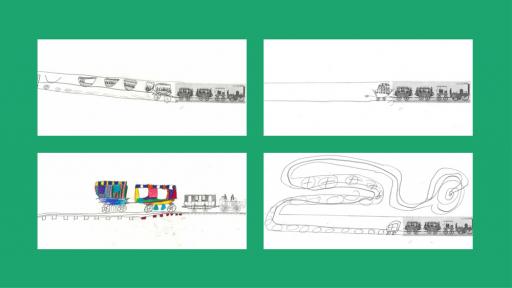 4 drawings of trains by children.