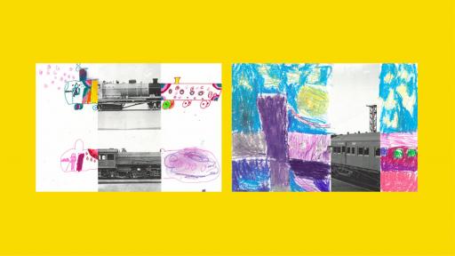 3 sections of photos of trains, with the rest of each drawn by children.