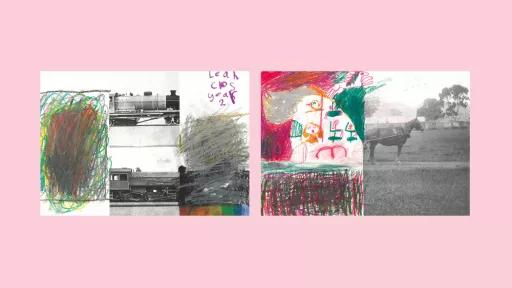Half of two photos of a train with the other halves drawn by children.