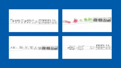 4 drawings of trains, drawn by children.