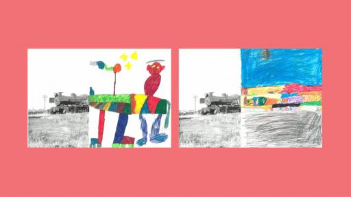 Sections of photos of trains, with the other halves drawn by children.