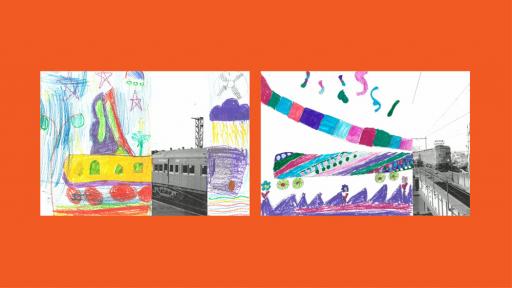Sections of photos of trains, with the other halves drawn by children.