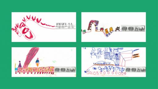 4 drawings of trains, done by children.