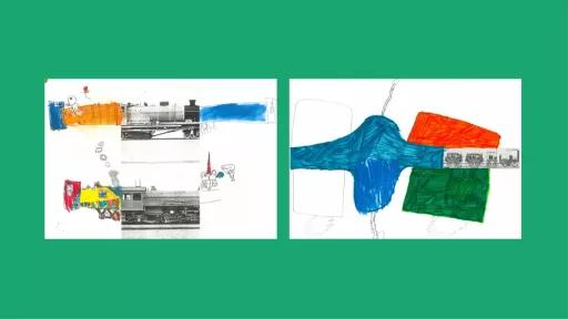 Sections of photos of trains, with the other halves drawn by children.