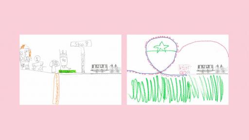 Drawings of trains, done by children.