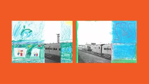 Sections of photos of trains, with the rest of the image drawn by children.