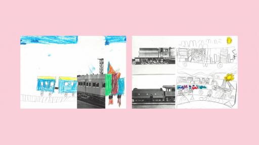 Sections of photos of trains, with the rest of the image drawn by children.