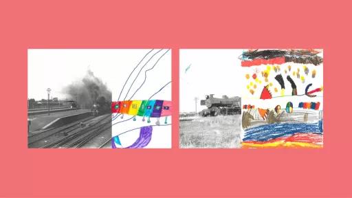 Sections of photos of trains, with the rest of the image drawn by children.