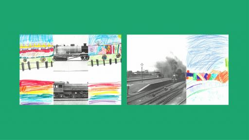 Sections of photos of trains, with the rest of the image drawn by children.