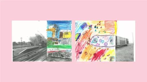 Sections of photos of trains, with the rest of the image drawn by children.