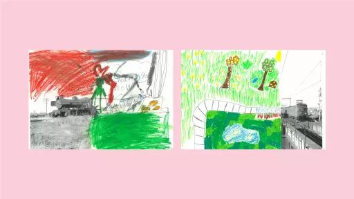 Sections of photos of trains, with the rest of the image drawn by children.