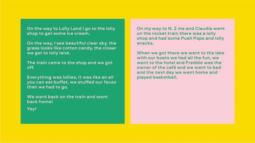 Image or text. Left reads "On the way to Lolly Land I go to the lolly shop to get some ice cream. On the way I see beautiful clear sky, the grass looks like cotton candy, the closer we get to lolly land. The train came to the shop and we got off." Right reads "On my way to N.Z me and Claudia went on the rocket train there was a lolly shop and had some Push Pops and lolly snacks. When we got there we went to the lake with our boats we had all the fun, we went to the hotel and Freddie was the owner of the caf