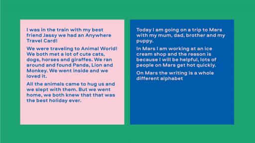 Image of text. Left reads "I was in the train with my best friend Jassy we had an Anywhere Travel Card! We were traveling to Animal World! We both met a lot of cute cats, dogs horses and giraffes. We ran around and found Panda, Lion and Monkey. We went inside and we loved it." Right reads "TOday I am going on a trip to Mars with my mum, dad, brother and my puppy. In Mars I am working at an ice cream shop and the reason is because I will be helpful, lots of people on Mars get hot quickly."