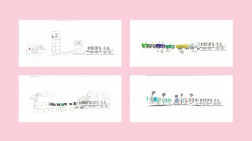 4 drawings of trains done by children.