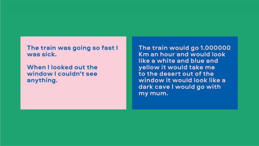 Image of text. Left reads "The train was going so fast I was sick. When I looked out the window I couldn't see anything." Right reads "The train would go 1,000,000km an hour and would look like a while and blue and yellow. It would take me to the desert. Out of the window it would look like a dark cave. I would go with my mum."