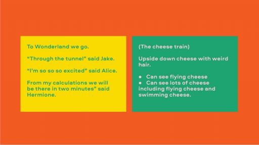 Image with text. Left reads "To wonderland we go. 'Through the tunnel' said Jake. 'I'm so so so excited' said Alice. 'From my calculations we will be there in two minutes' said Hermione." Right reads "(The cheese train) Upside down cheese with weird hair. Can see flying cheese. Can see lots of cheese including flying cheese and swimming cheese."