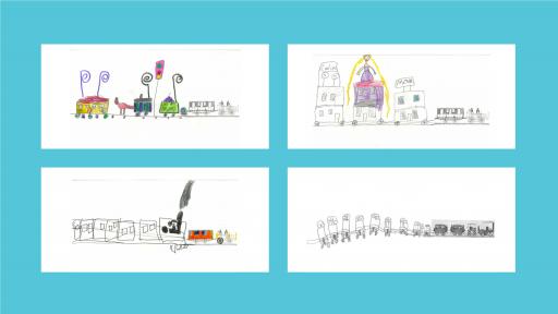 4 drawings of trains, done by children.