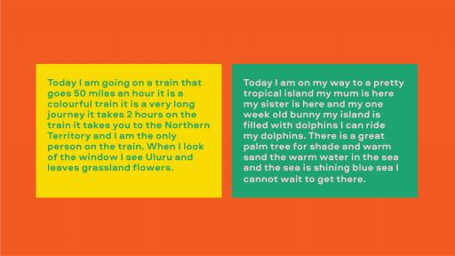 Image of text. Left reads "Today I am going on a train that goes 50 miles an hour it is a colourful train it is a very long journey it takes 2 hours on the train it take you to the Northern Territory and I am the only person on the train." Right reads "Today I am on my way to a pretty tropical island my mum is here my sister is here and my one week old bunny my island is filled with dolphins I can ride my dolphins. There is a great palm tree for shade and warm sand the warm water in the sea."