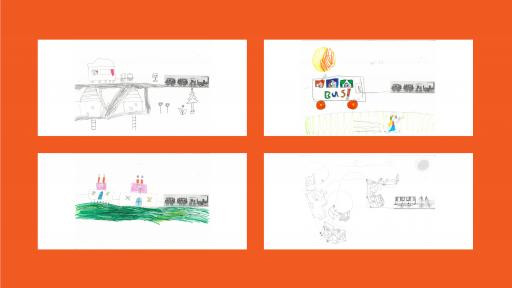 4 drawings of trains, drawn by children.