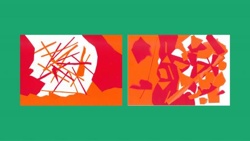 Two abstract paper collages, made out of red and orange geometric shapes.