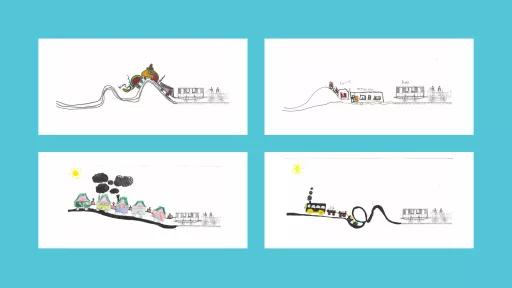 4 drawings of trains, done by children. Thy are all on curly, hilly train tracks.