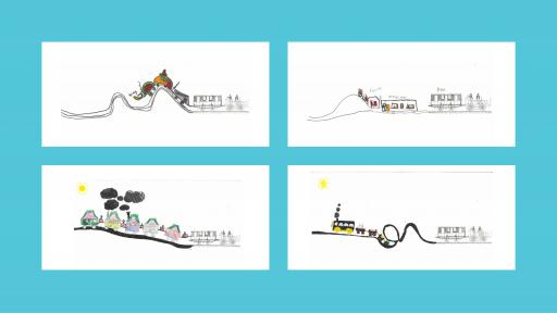 4 drawings of trains, done by children. Thy are all on curly, hilly train tracks.
