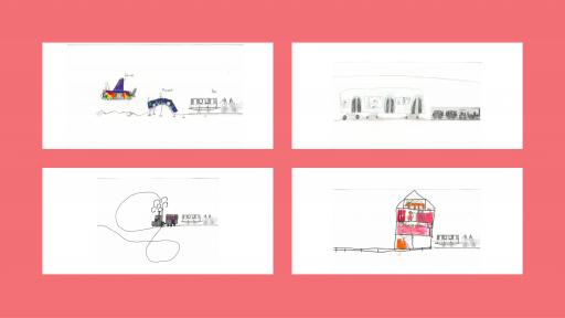 Four drawings of trains, done by children, some are on train tracks, others are stopped at buildings.