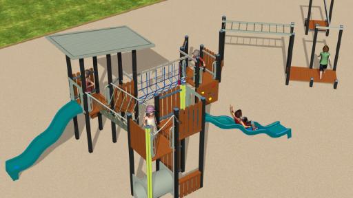 An artist impression of the new Hilda Street playground design. It features two slides, multiple play levels, monkey bars and a track glide.