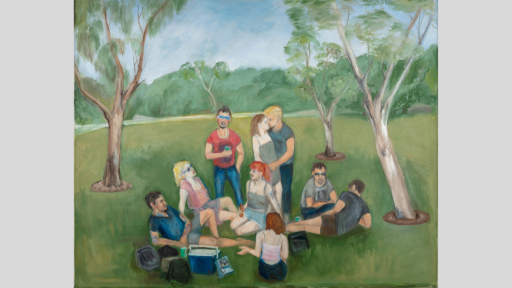 Amanda Lazar, ‘Last gathering before lockdown’, 2020, oil on calico, 82 x 100cm, image courtesy of the artist. Sale price: $700.