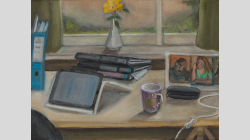 Amanda Lazar, ‘Zoom desk, spare room’, 2020, oil on canvas, 30 x 40cm, image courtesy of the artist. Sale price: $500.