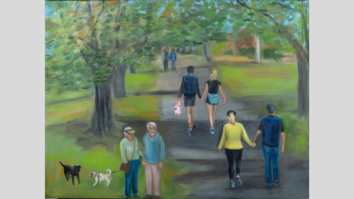 Amanda Lazar, ‘Exercising with one other person’, 2020, oil on canvas, 77 x 102cm, image courtesy of the artist. Sale price: $700.